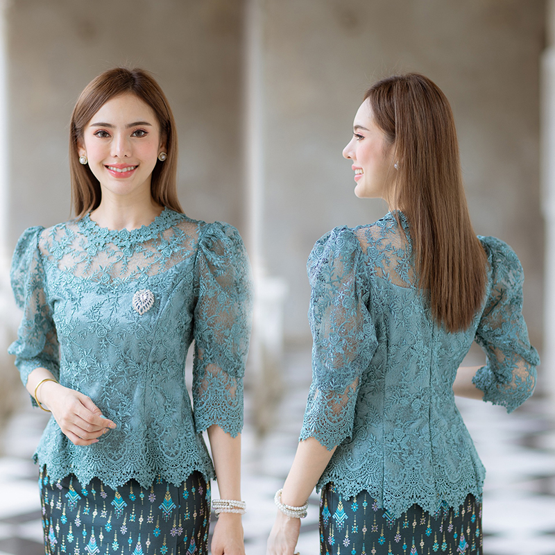 kudapy (เฉพาะเสื้อ) เสื้อลูกไม้แขนพองสีเขียว/สีขาว/สีชมพู คอกลม แขนสามส่วน ผ้าลูกไม้ใยบวบเนื้อดีลายลูกไม้แน่นทั้งตัว ตัวเสื้อมาพร้อมซับในเนื้อดีในตัว