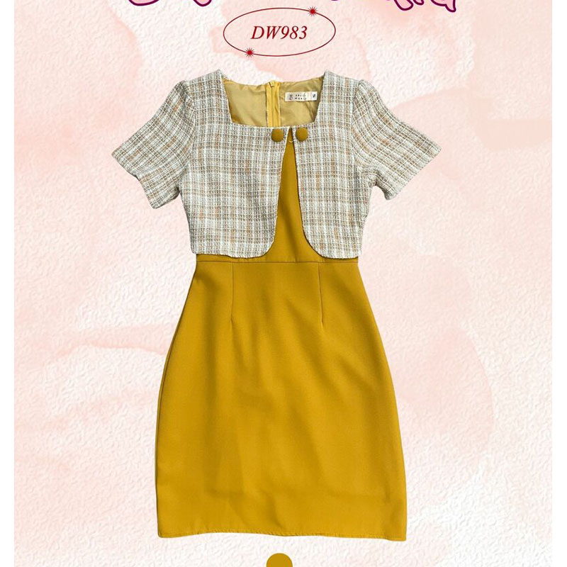 kudapy เดรสสั้นสีเหลือง ผ้าทอกระโปรงสีพื้น