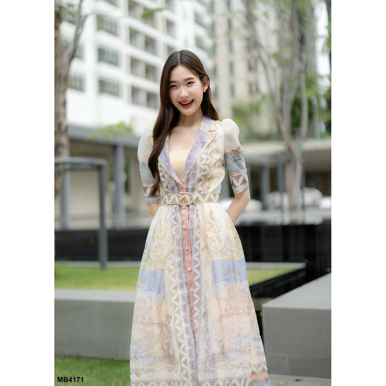 kudapy เดรสยาวสีครีม เดรสคอปกพิมพ์ลาย ใส่ออกงานเที่ยวทะเลสวยดูดี