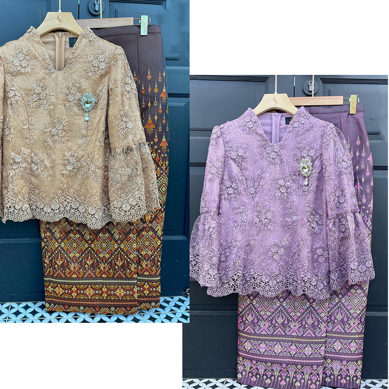 kudapy ชุดเซ็ทออกงานเสื้อลูกไม้สีทองน้ำผึ้ง/สีม่วงกะปิ เนื้อผ้าลูกไม้ฝรั่งเศสสุดละมุน สั่งทอแบบพิเศษ