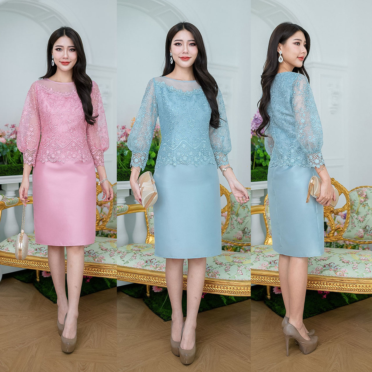 kudapy เดรสสั้นสีชมพู/สีฟ้า ผ้าไหมลูกไม้ทอลาย ช่วงแขนจะยาวเกือบถึงข้อมือ ดีไซน์ช่วงปลายแขนพองสวย และจั้มด้วยลูกไม้เเชิงผ้าแผ่นใหญ่