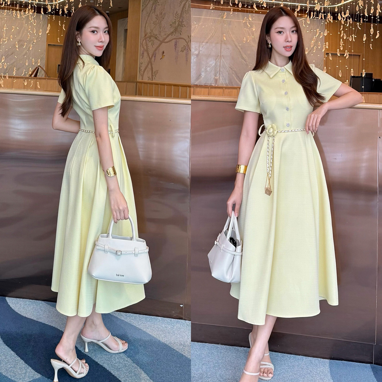 kudapy เดรสยาวสีครีม/สีฟ้า/ม่วงอ่อน/เหลืองอ่อน ผ้าทวิตญี่ปุ่นตกแต่งด้วยกระดุมดอกคามิเลีย ีซับในทั้งชุด ผ้าอัดกาวอย่างดี มาพร้อมกับเข็มขัดโซ่ และเข็มกลัดดอกไม้