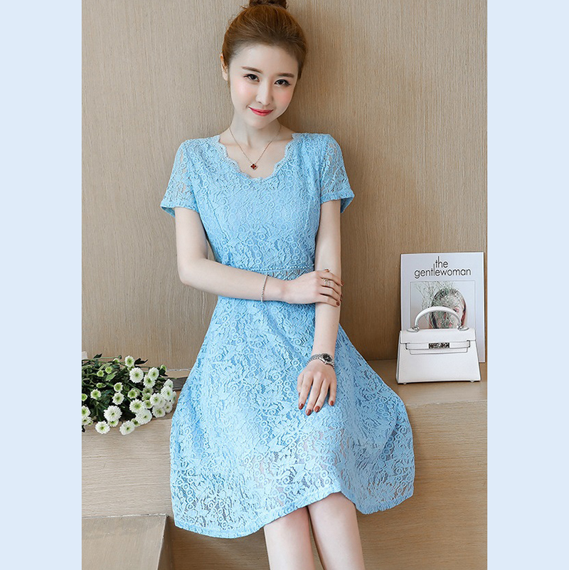 kudapy เดรสสั้นคอกลมแต่งรอยหยักสีชมพู/สีฟ้า เดรสแขนสั้น เอวแต่งดีเทลผ้าลูกไม้โชว์เนื้อด้านใน ทรงสวยม้ากก