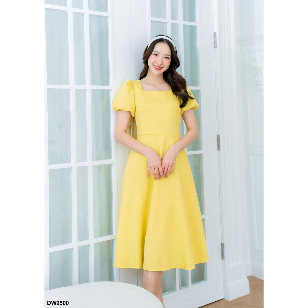 kudapy เดรสสั้นสีเหลือง/สีฟ้า/สีกรม แขนตุ๊กตากระโปรงบาน