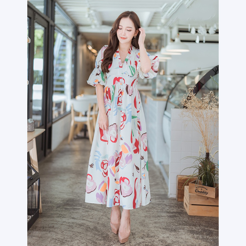 kudapy เดรสยาวคอวี แขนพอง สีขาว,สีชมพู คอวีกระดุมหน้าดูดีสวยใส่สบายสไตส์คุรหนูมากๆ