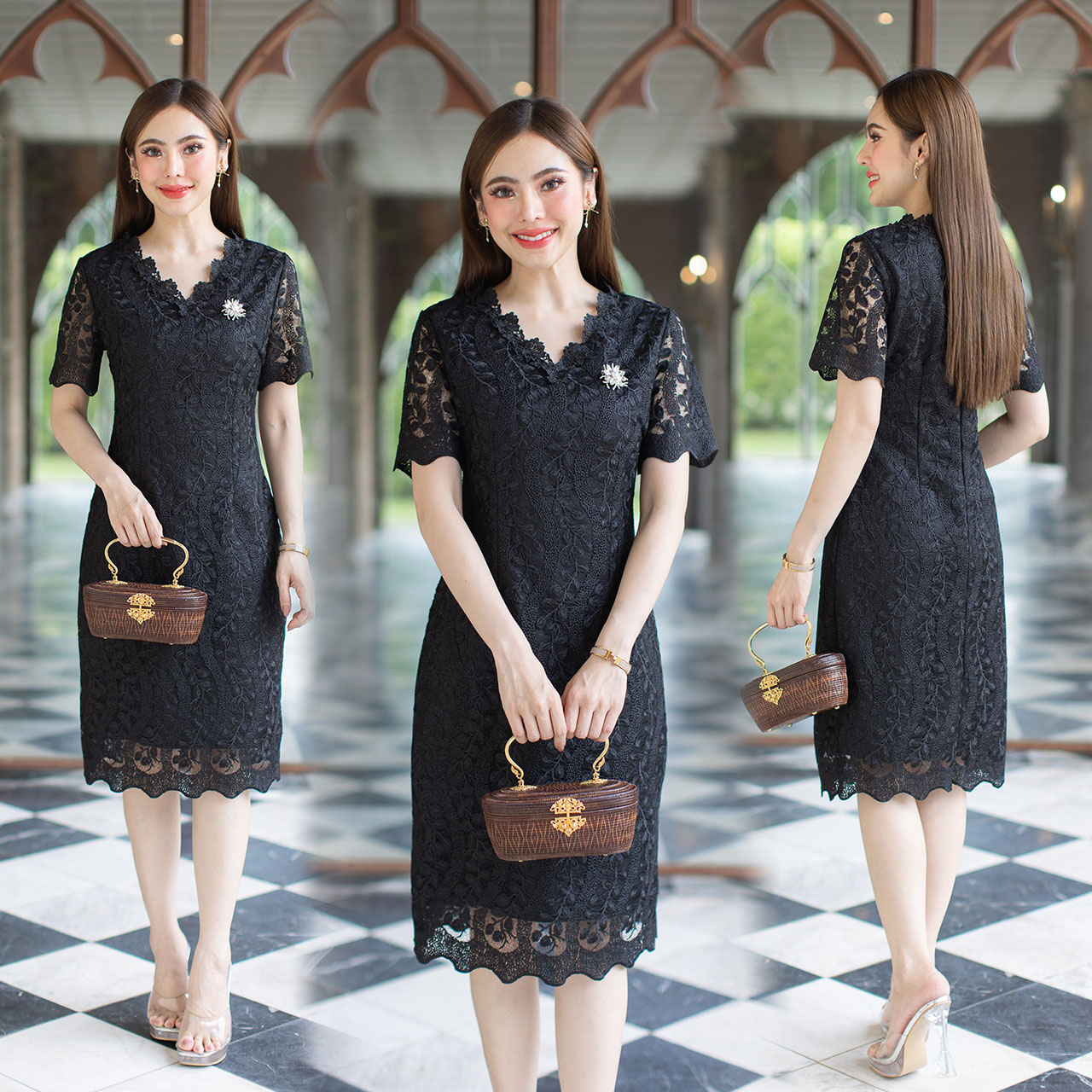 kudapy เดรสสั้นสีฟ้าคราม/สีชมพู/สีดำ เดรสออกงานลูกไม้สุดหรู ด้านหลังเป็นซิปซ่อน มีซับในทั้งชุด เนื้อผ้าอย่างดีไม่ระคายผิว