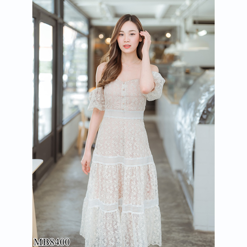 kudapy เดรสยาวเปิดไหล่สีชมพู/สีขาว ลูกไม้ออกงานเปิดไหล่สวยดูดี