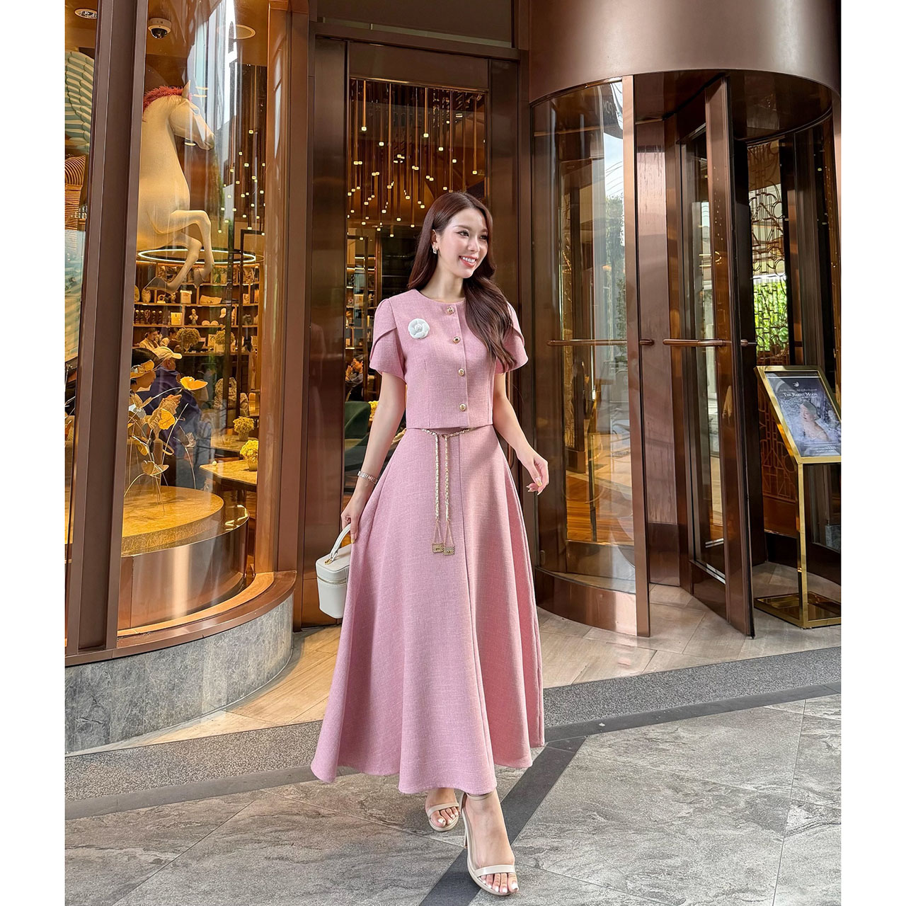 kudapy เซ็ทเสื้อแขนตุ้กตา เสื้อ กระโปรงเอวสูง เข็มกลัดดอกไม้ เข็มขัดโซ่