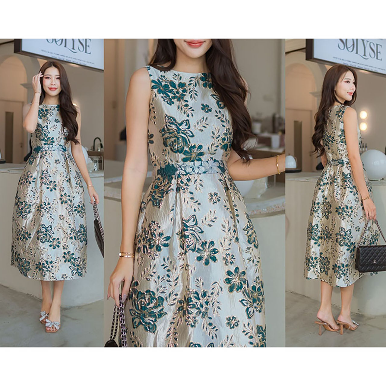 kudapy เดรสแขนกุดผ้าทอลาย ผ้า jacguard กระโปรบาน มาพร้อมเข็มขัดในชุด ที่จะใส่ หรือ ไม่ใส่ก็สวย