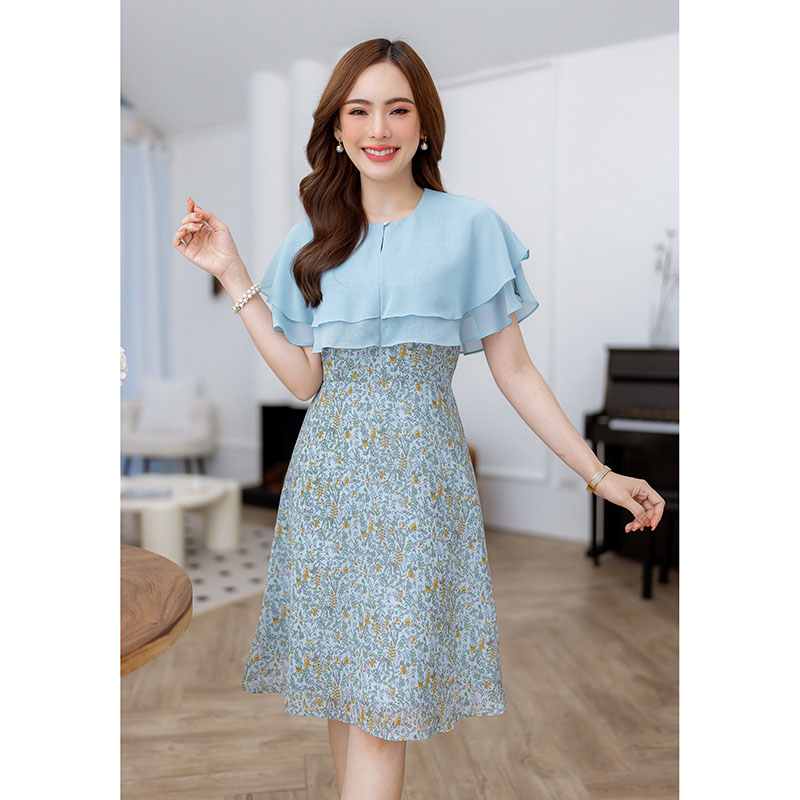 kudapy เดรสสั้นสีฟ้าอมเขีว/สีดำ ชีฟอง ระบายสองชั้น สวยพริ้ว ตัวเดรสเป็นชีฟองลายดอกสวย ตัดกับชีฟองสีพื้น สวยลงตัว