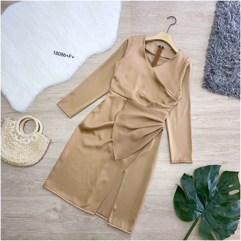 kudapy เดรสแขนยาวสีพื้น แต่งจีบ ผ่าหน้า ชุดออกงาน ชุดเพื่อนเจ้าสาว เดรสงานแต่ง ใส่ไปเที่ยวสวยดูดี