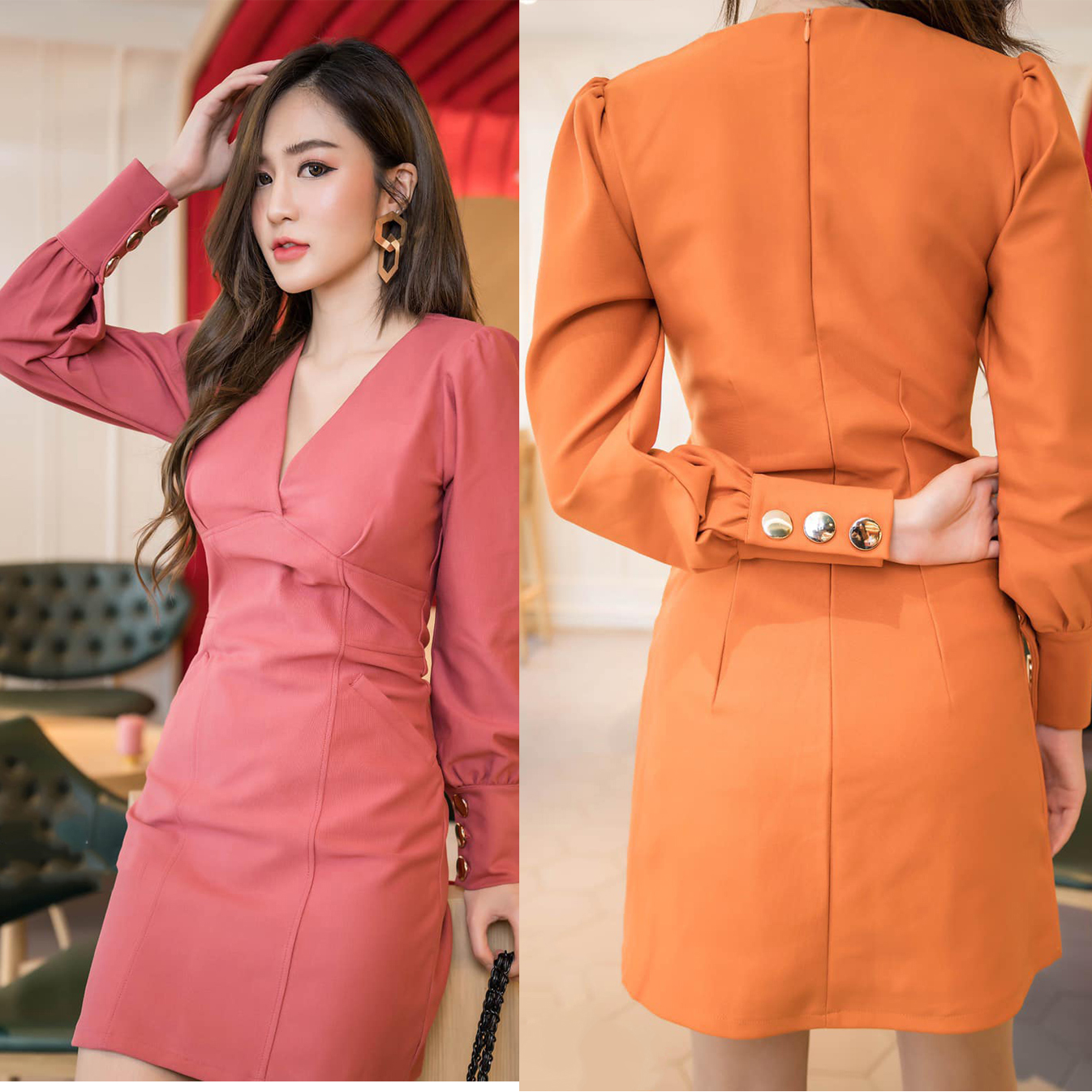 kudapy เดรสสั้นทรงเอคอวีแขนเเต่งกระดุมทองสีชมพูพีท/สีส้ม ซิปหลัง แขนยาวผ่าข้าง กระเป๋าข้างใช้งานได้จริง เรียบแต่ดูเเพง น่ารักมาก ผ้ายืดหนา ยืดหยุ่นตามสัดส่วน