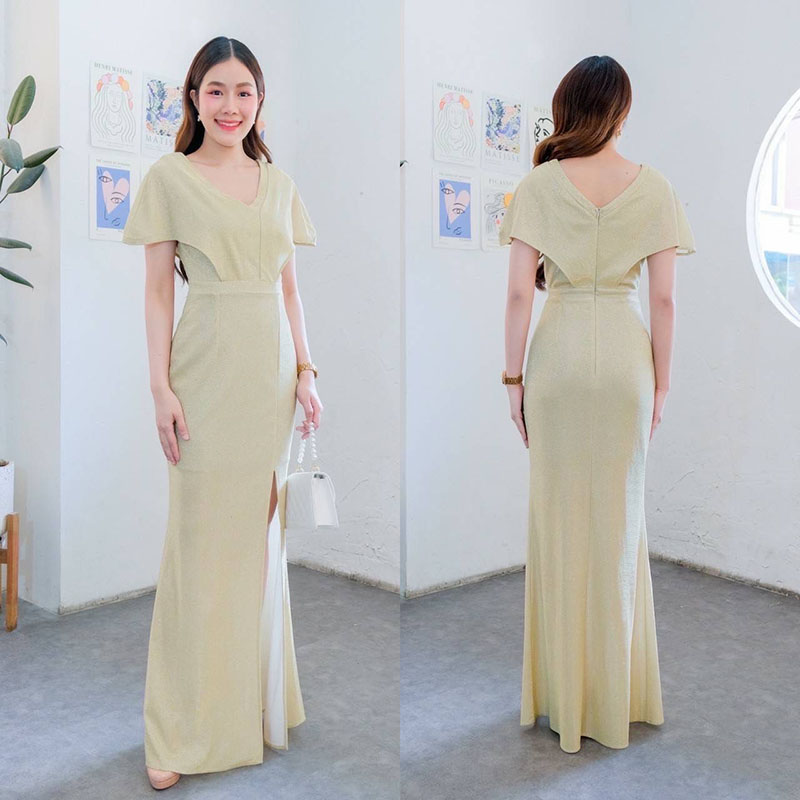 kudapy เดรสยาวสีชมพู/สีทอง/สีเงิน ผ้า glitter คอวี แขนค้างคาว (ค้างคาว) กระโปรงหางปลาผ่าหน้า