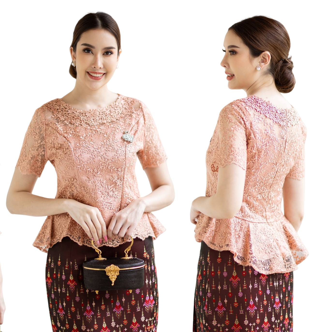 kudapy (เฉพาะเสื้อ) เสื้อลูกไม้ฝรั่งเศษแขนสั้น คอกลม สีโรสโกลด์,สีขาว,สีแดง,สีฟ้า ทรงหน้าสั้นหลังยาวเล็กน้อย มีซับใน ซิบหลังอย่างดี