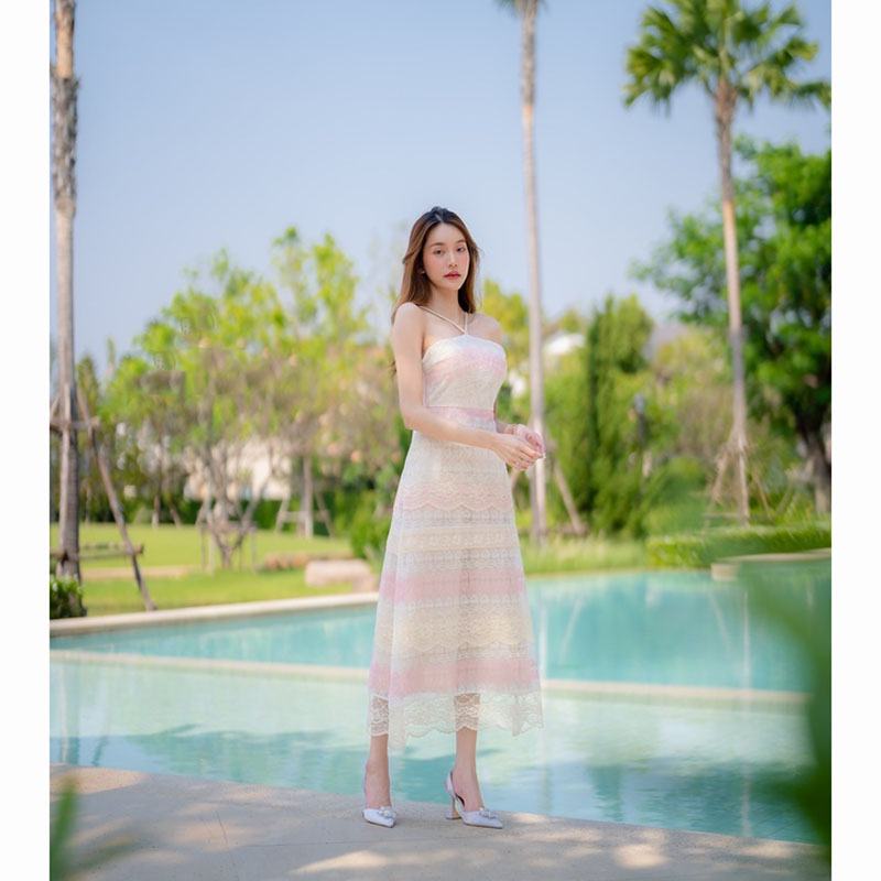 kudapy เดรสยาวสีฟ้า/สีชมพู ลูกหัวใจยาวผูกคอ ใส่เที่ยวทะเล เนื้อผ้าเบาสบายตัว