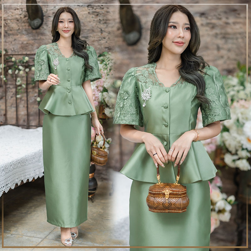 kudapy ชุดเซ็ทเสื้อ+กระโปรงทรงสอบผ่าหลังวีเขียว/สีชมพู อัดกาวทั้งเสื้อและกระโปรง ตัวเสื้อแต่งกระดุมหน้าใช้ได้จริง แขนเป็นทรงเจ้าหญิงอลังการ