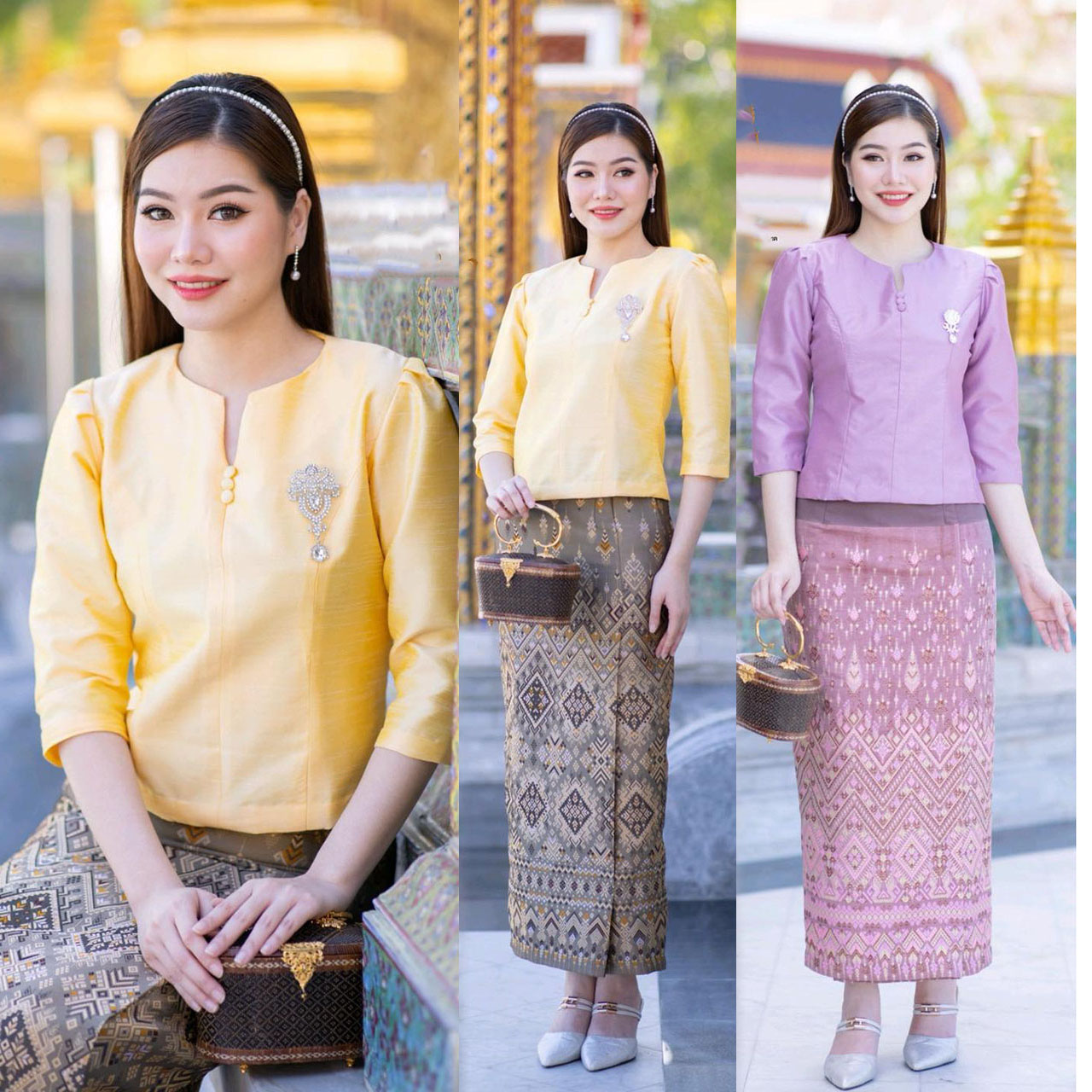 kudapy ชุดเซ็ทเสื้อผ้าไหมแพรทิพย์สีเหลือง/สีม่วง +ผ้าถุงผ้าไหมทอลาย