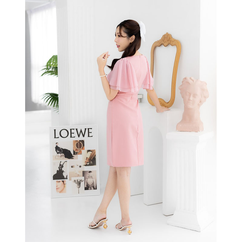 kudapy เดรสสั้นสีม่วง/สีชมพู/สีกรม สทรงเข้ารูป แต่งผ้าชีฟองช่วงแขน คอวี สีสุภาพซิปซ่อนด้านหลัง