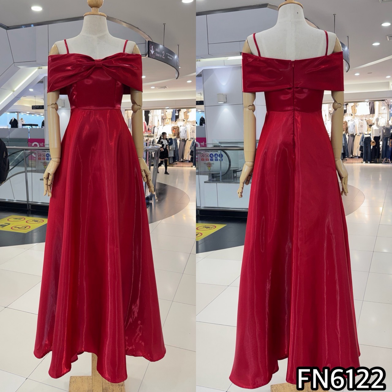 kudapy เดรสยาวเปิดบ่า กระโปรงบาน ทรงสวยเอวสูง ความยาวปิดข้อเท้า ผ้าไม่ยืด มีซับในทั้งตัว