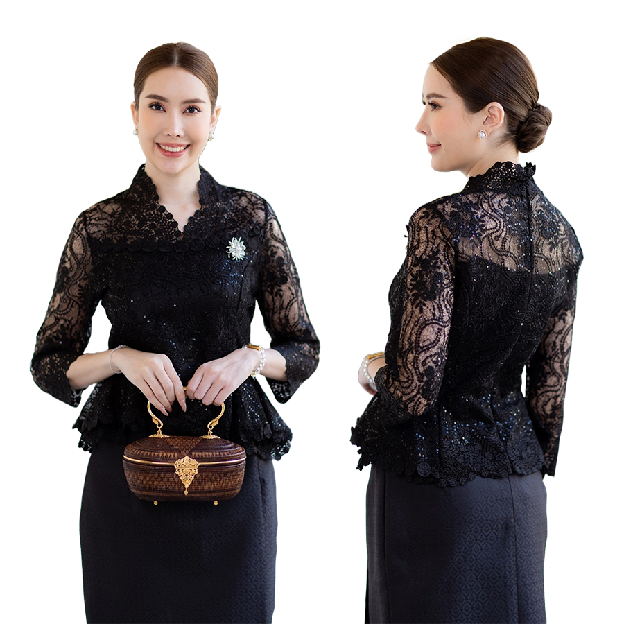 kudapy (เฉพาะเสื้อ) เสื้อลูกไม้ฝรั่งเศษสีแดงเข้ม,สีทอง,สีดำ,สีชมพู คอวีแต่งหยักเพิ่มกริสเตอร์วิบวับ แขนยาว เก็บเอวอย่างดี แต่งชายเสื้อระบายชั้น มีซับใน ซิบหลังอย่างดีค่ะ