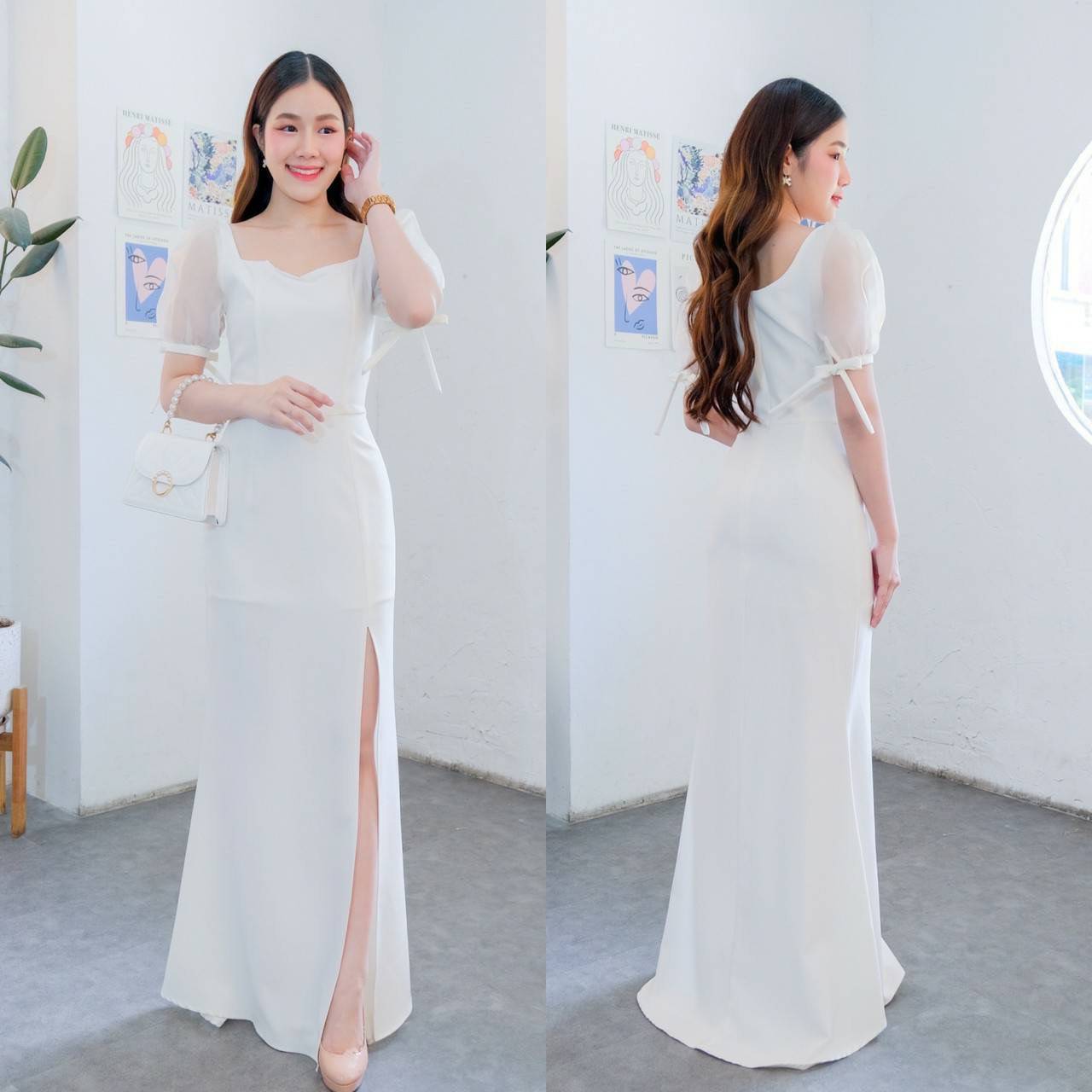 kudapy เดรสยาวสีน้ำเงิน/สีขาว/สีชมพูเข้ม/สีชมพูอ่อน/สีเขียวอ่อน/สีครีม เดรสยาวผ้าไหมซาติน แขนตุ๊กตาสั้นคอลูก ใส่เปิดไหล่ สวยดูดี เดรสออกงาน