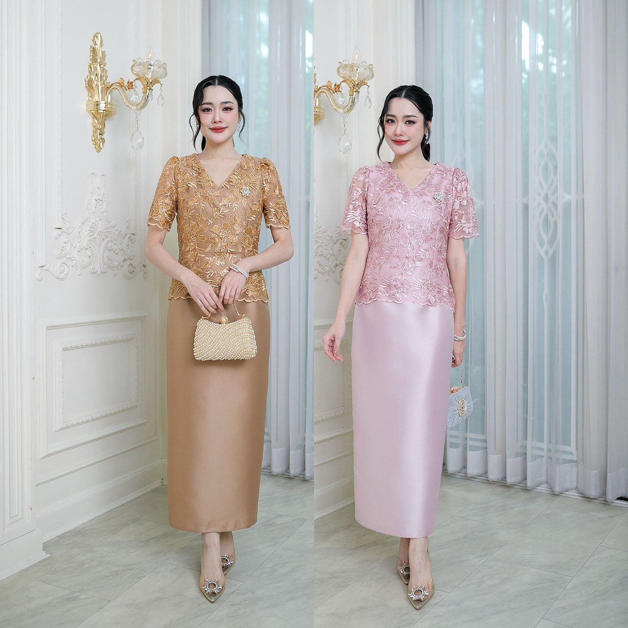 kudapy เดรสผ้าไหม ลูกไม้ปักแต่งเลื่อมทั้งชุดคอวี แต่งซิปหลัง มีซับใน กระโปรงผ่าหลัง
