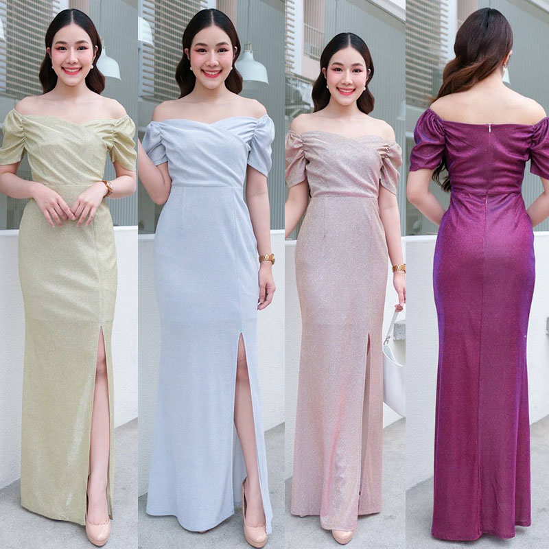 kudapy เดรสยาวสีแดง/สีชมพู/สีทอง/สีเงิน แขนสั้นจีบทิวลิป เนื้อผ้ากลิตเตอร์เล่นไฟ เปิดบ่า แขนสั้นคอเหลี่ยม กระโปรงหางปลาผ่าหน้า