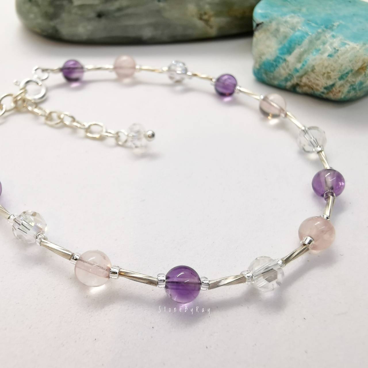 สร้อยข้อมือเงินหินอเมทิสต์กับโรสควอตซ์ Amethyst+Rose Quartz