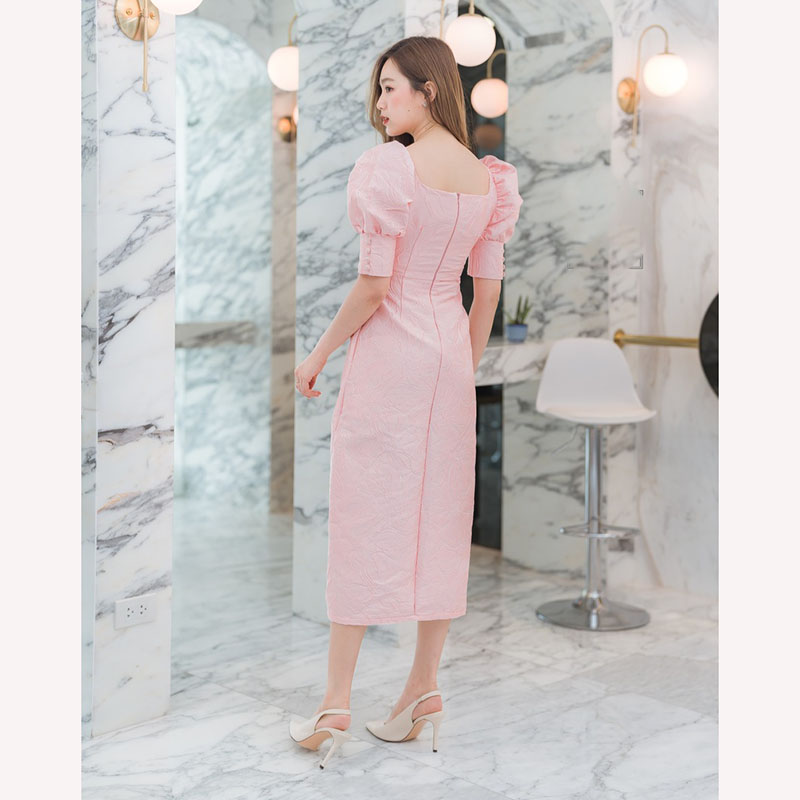 kudapy เดรสยาวสีชมพู/สีแดง/สีเหลือง ผ่าหน้าแขนตุ๊กตา สวยดูดีใส่สบาย