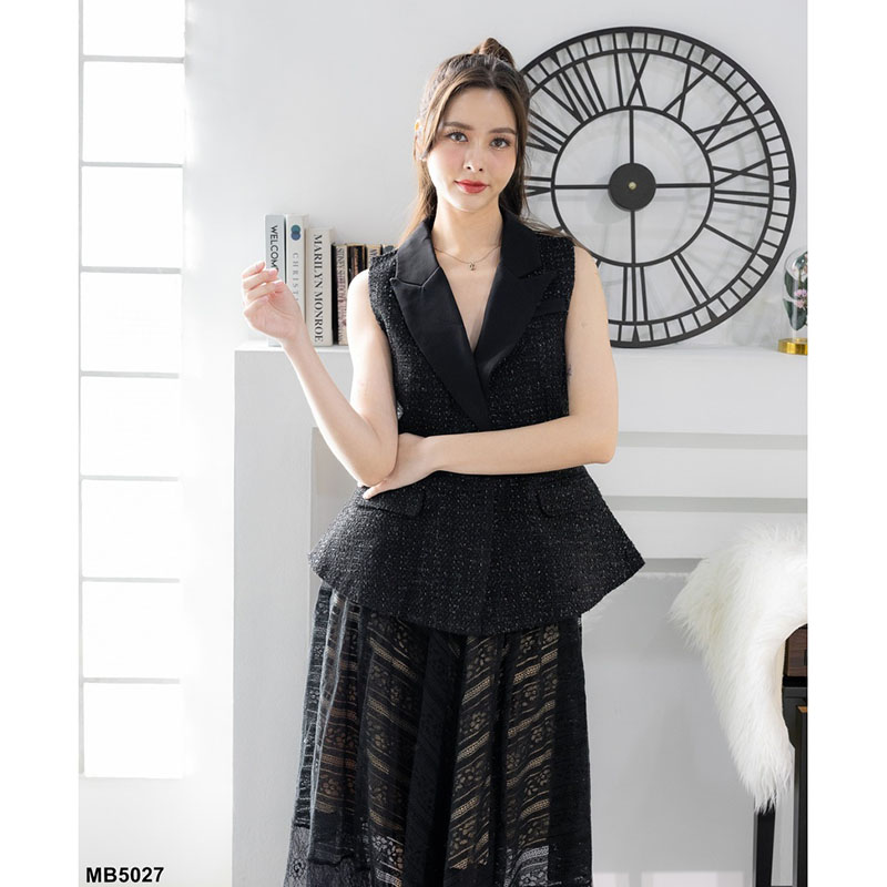 kudapy เซตเสื้อทรงสูทสีชมพู/สีขาว/สีดำ แขนกุด+กระโปรงยาวตาข่าย แต่งผ้าระบาย