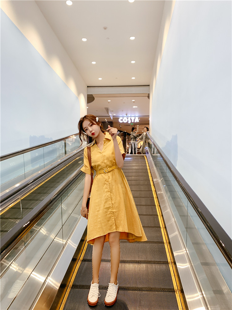 ชุดเดรสสีเหลือง ผ้าโพลีเอสเตอร์ผสมเนื้อดี ดีไซน์สวยเก๋