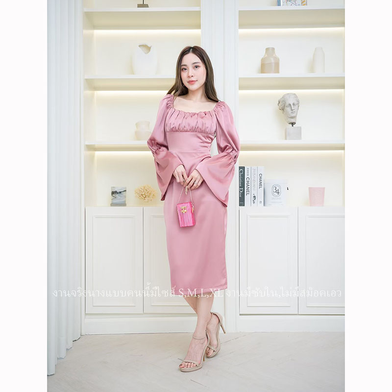 kudapy เดรสสั้นสีชมพู,กรม,น้ำตาลอิฐ สวยจับจีบแขนระบาย ผ้าเครปซาตินเนื้อดีมีซับใน ใส่ออกงาน ใส่ทำงาน