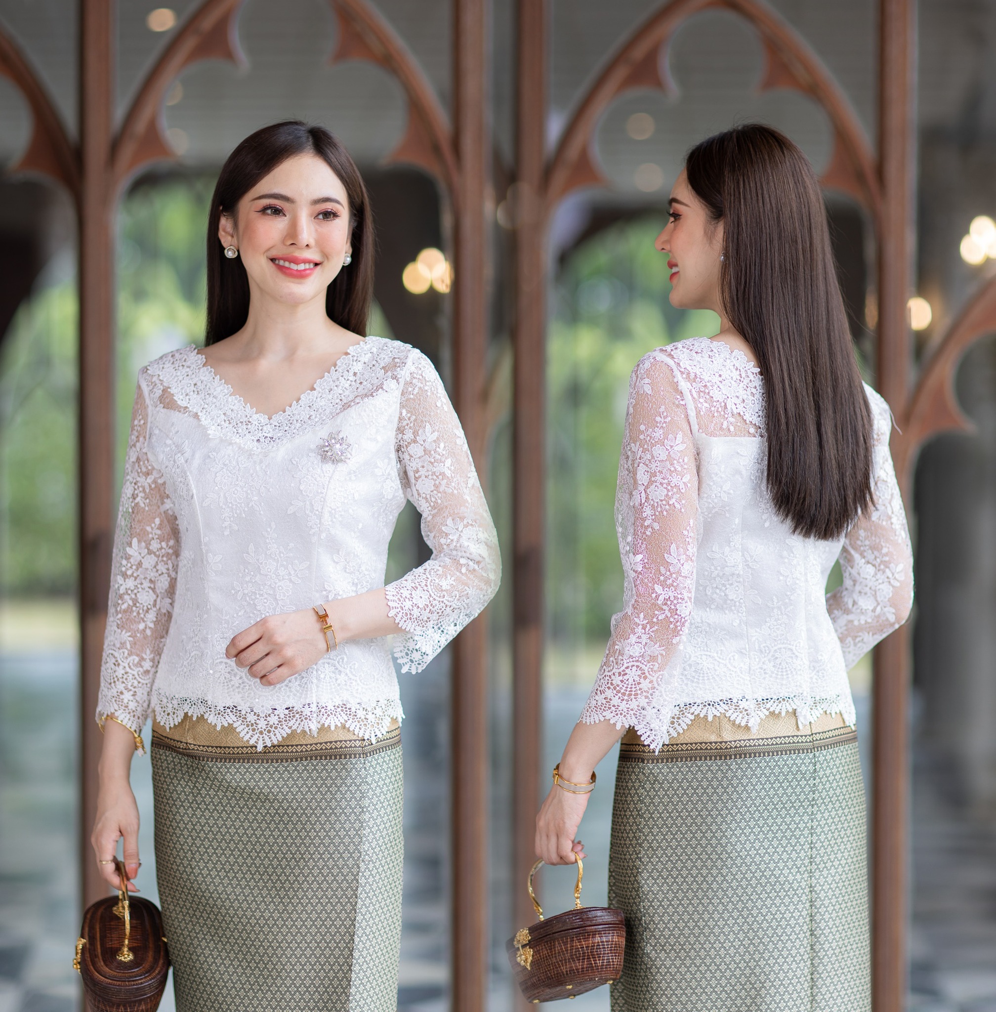 kudapy เสื้อสีฟ้า/สีขาว/สีม่วงอ่อน/สีม่วงเข้ม ใช้ผ้าลูกไม้เนื้อนิ่มลวดลายสวยงาม ช่วงตัวเสื้อตกแต่งระบายทั้งด้านหน้าและด้านหลัง (เฉพาะเสื้อ)