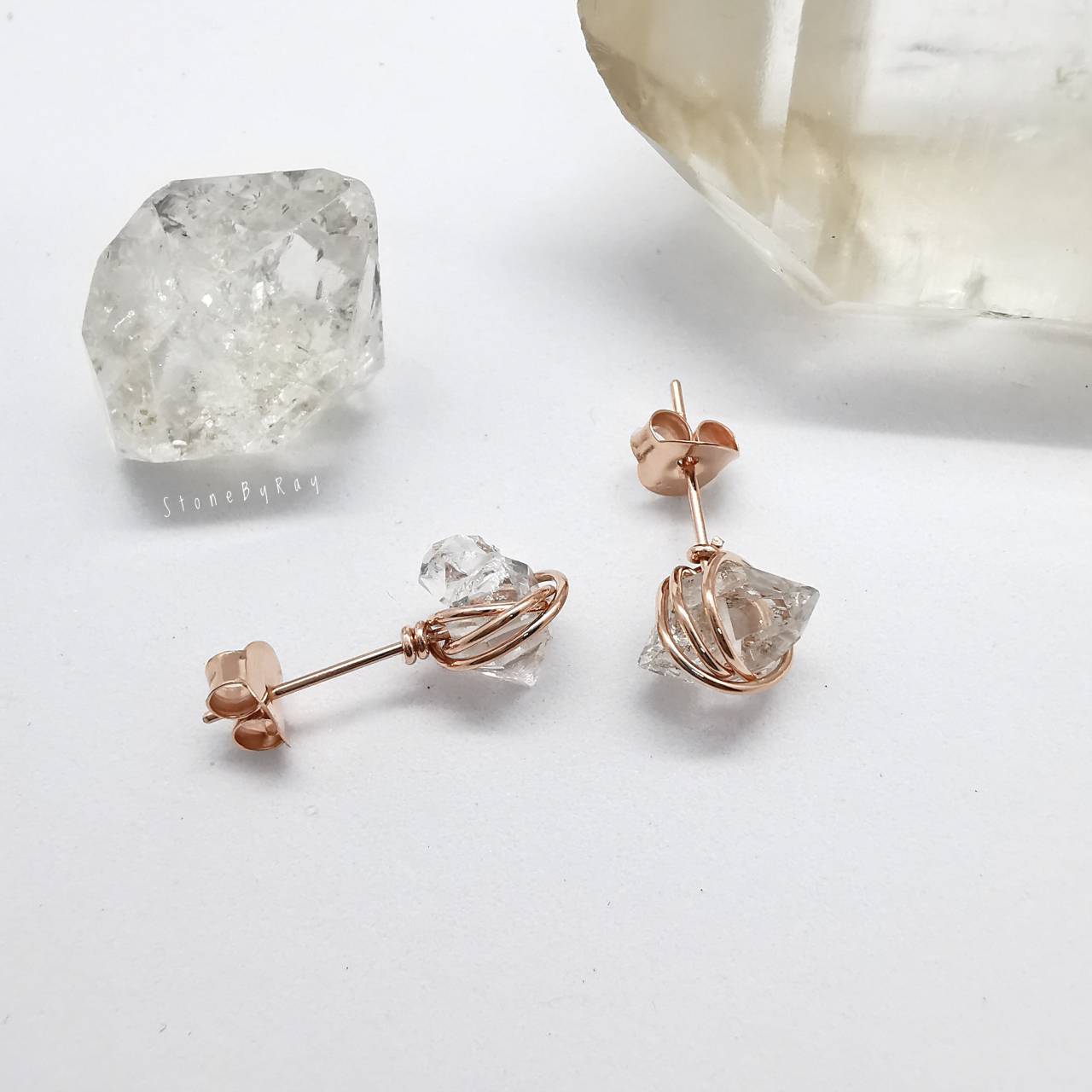 ต่างหูเงินชุบพิ้งโกลด์หินเฮอร์คิเมอร์ไดม่อน Herkimer Diamond