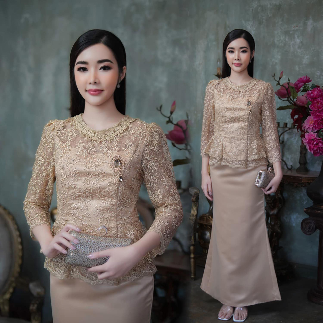 kudapy ชุดเซ็ทชมพูกลีบบัว / น้ำตาลทอง ลูกไม้ใยบวบ แขนยาว มีซิปหลัง ซับในทั้งเสื้อและกระโปรง