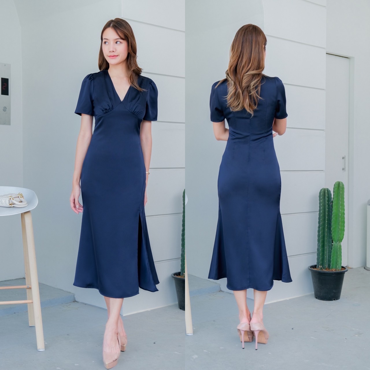 kudapy เดรสยาวสีชมพู ครีมแชมเปญ นำ้ตาล กรมท่า เหลืองมะนาว แขนสั้น เครปซาติน คอวี จีบใต้อก ตีเกร็ดเอว กระโปรงทรงทรงเอ