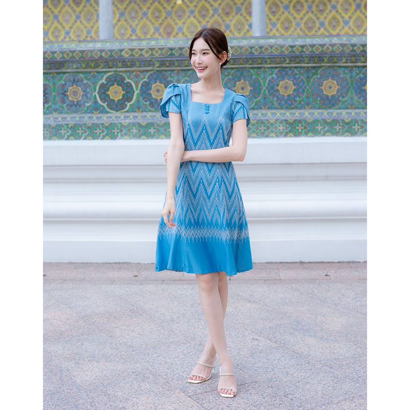 kudapy เดรสสั้นสีฟ้า/สีเหลือง ผ้าทอแขนกลีบบัว ผ้าลายไหย ใส่ทำงานสวยดูดี