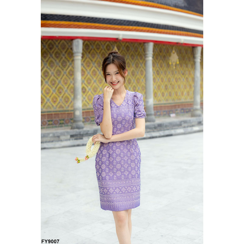 kudapy เดรสสั้นสีชมพู/สีม่วง ผ้าไทยลายตัวเอสคอวี