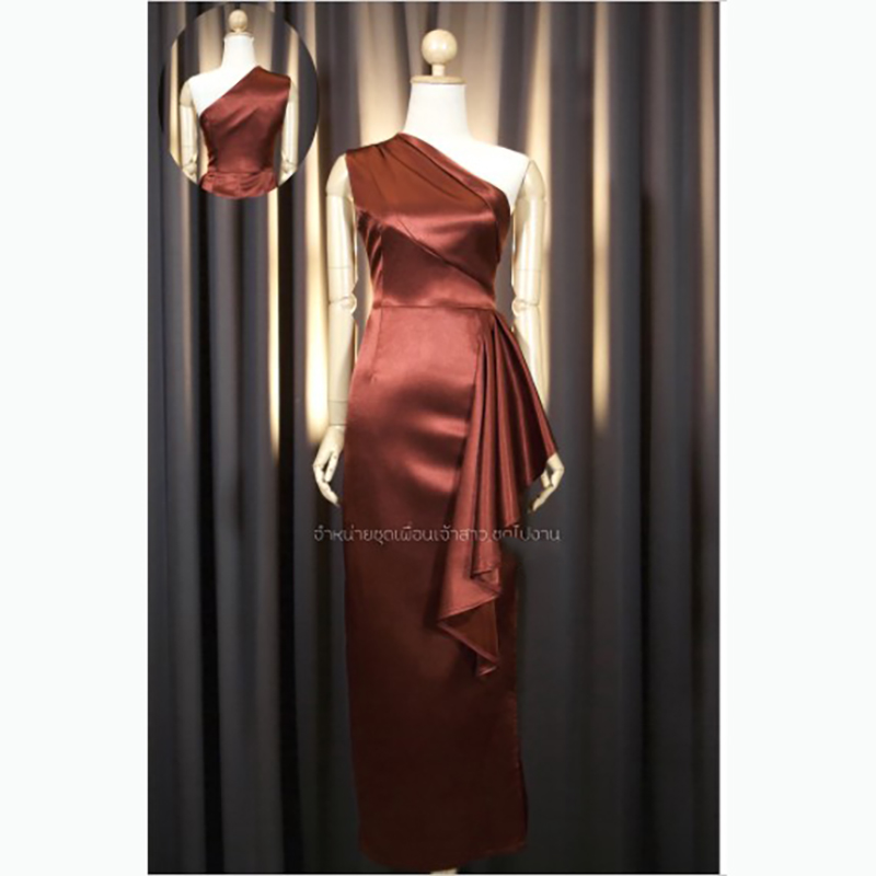 kudapy เดรสยาวออกงานสีแดงไวน์/สีครีมทอง/สีเขียวอมเทา/สีแดง บ่าเดี่ยว อกประกอบห้าชิ้น จีบสะโพก ผ่าข้าง เนื้อผ้า duchess อัดกาว เงาหนาเก็บทรง