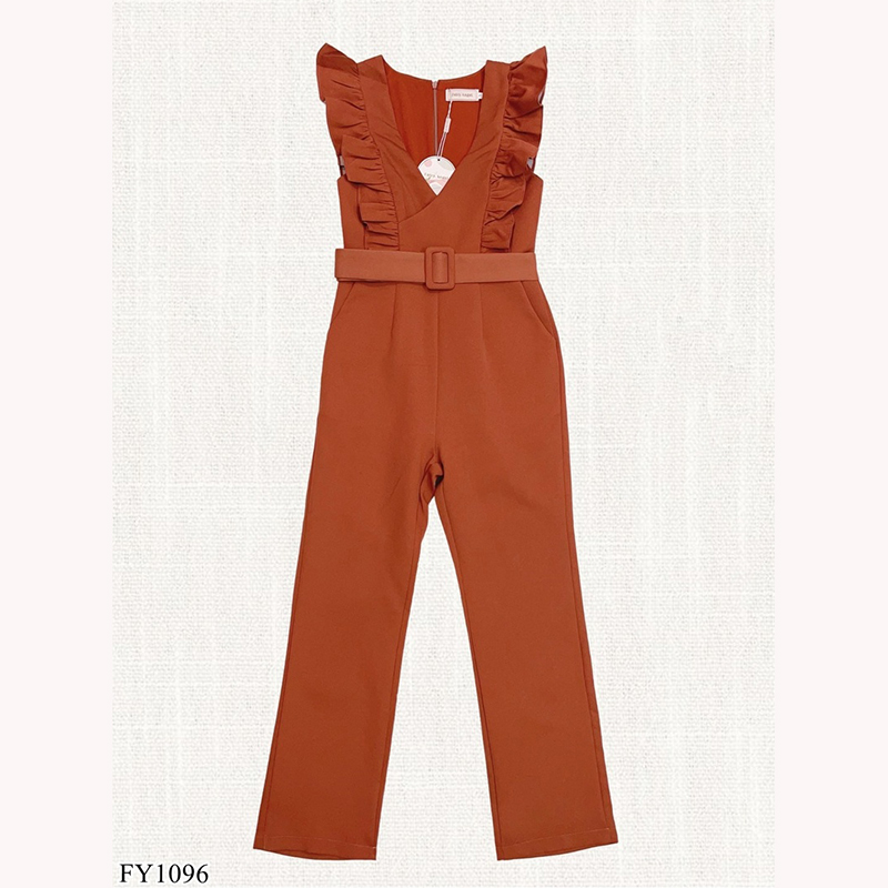 kudapy จั้มสูทขายาวสีฟ้า/สีน้ำตาล ระบายอก แต่งเข๊มขัดสวยดูดี ใส่สบาย