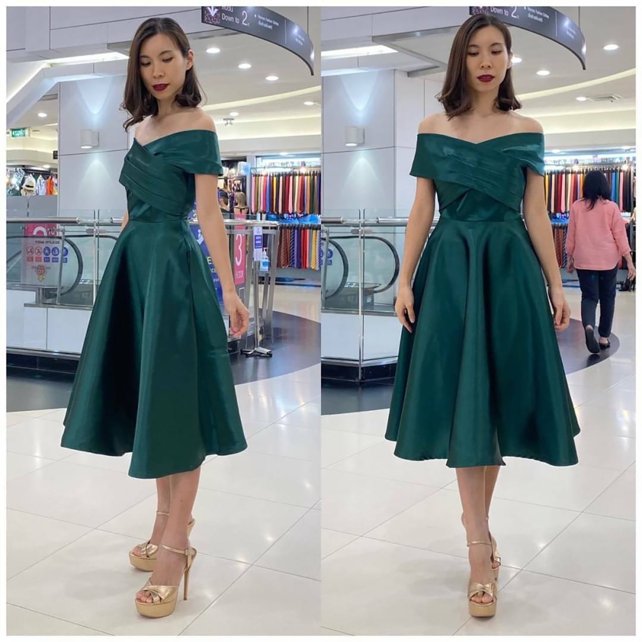 kudapy เดรสสั้นสีชมพู/สีทอง/สีฟ้า/สีเขียวเข้ม/สีส้มอิฐ/สีกรม เปิดบ่าไขว้อกใหญ่ กระโปรงบาน ซิปหลังยาว