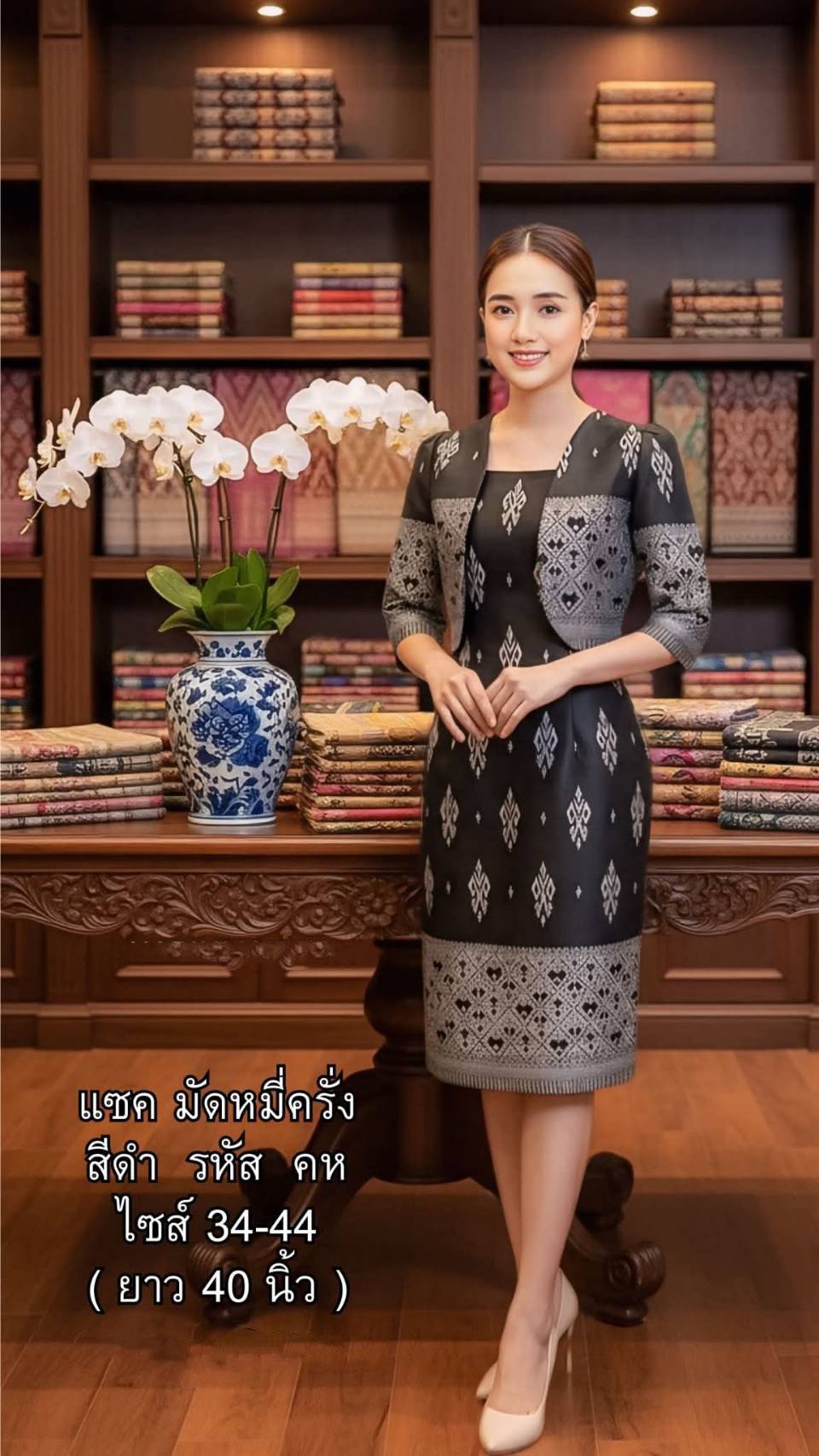 kudapy เดรสสั้นสีดำ ผ้าฝ้าย ผ้าลายไทยสวยใส่ออกงานดูดี