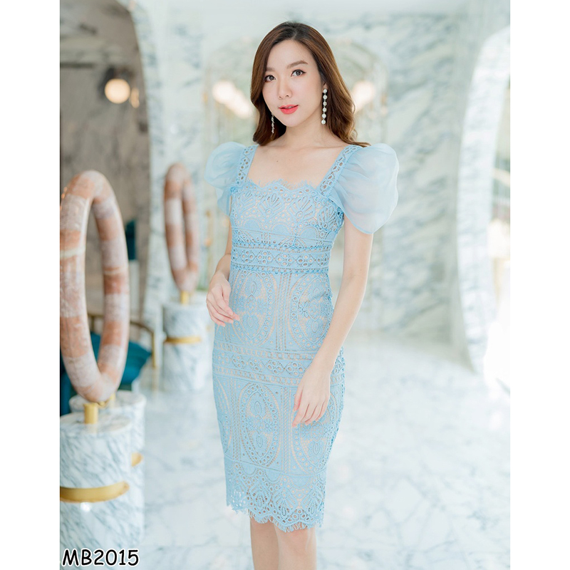 kudapy เดรสสั้นสีขาว/ชมพู/ฟ้า/สีเขียว ลูกไม้แขนชีฟองใส่สบายสวยดูดีเรียบร้อย