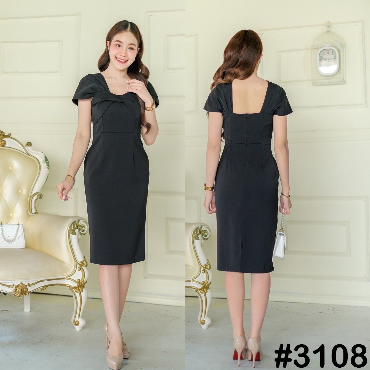 kudapy เดรสTwistอกจีบบ่าจะปิด/เปิดบ่า กระโปรงทรงสอบผ่าหลัง ซิบหลัง เนื้อผ้าเครปเกาหลีพรีเมี่ยม หนานุ่ม