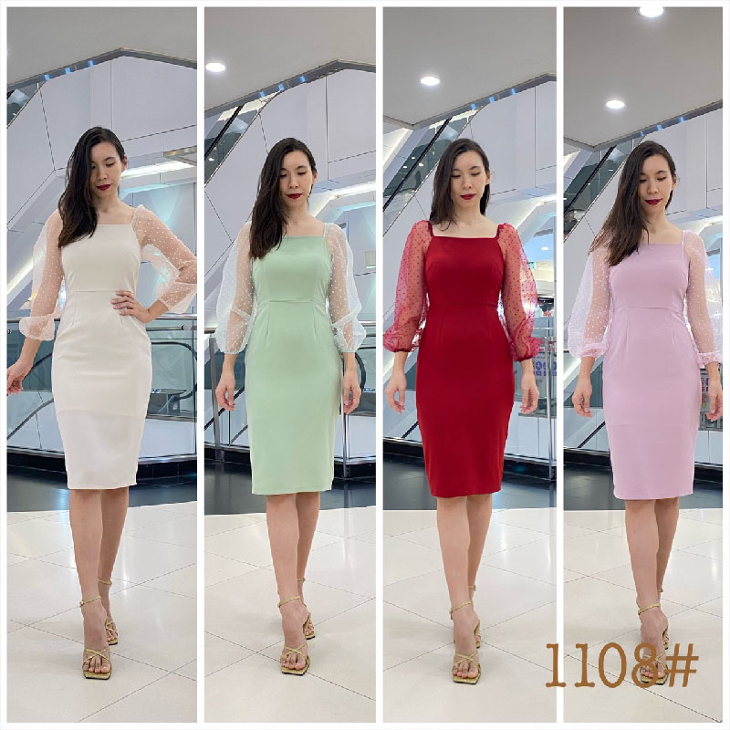 kudapy เดรสสั้นสีชมพูอ่อน ครีม มิ้น แดงเข้ม ทรงสอบ แขนซีทรู ใส่เปิดบ่าได้ กระโปรงสอบทรงดินสอ เก็บทรง