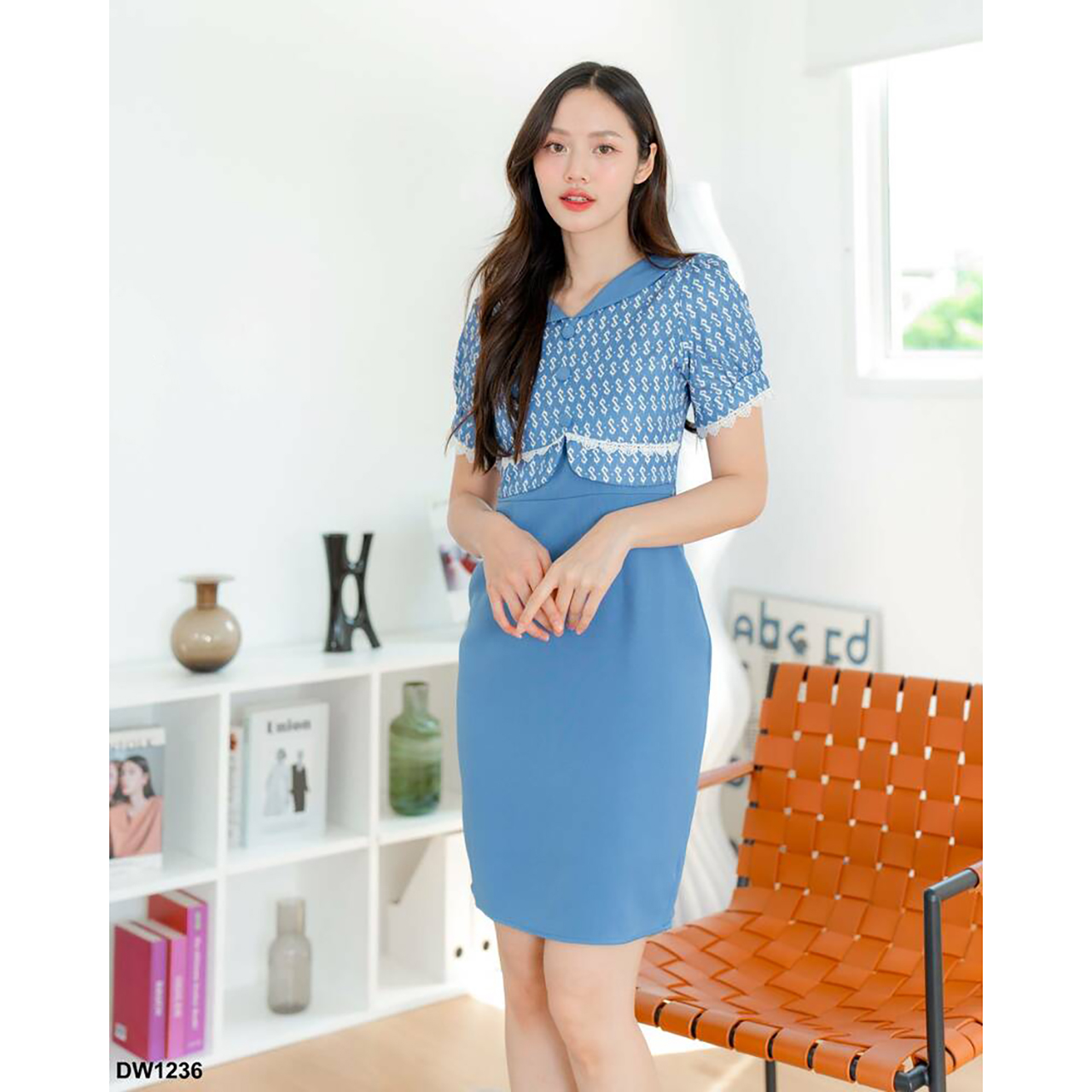 kudapy เดรสสั้นสีม่วง/สีฟ้า/สีเหลือง ผ้าพื้นกั๊กลายไทย เดรสใส่ออกงาน ใส่ทำงาน