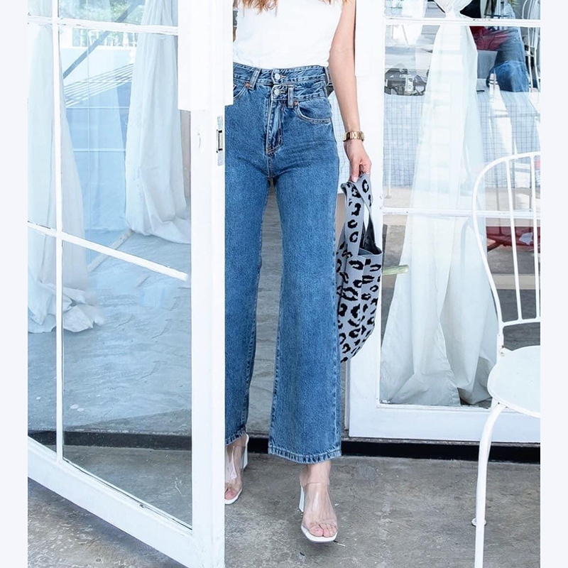 kudapy กางเกงยีนส์ขายาวเอวสูงแต่งกระดุมคู่ ทรงขากระบอกดูวินเทจสุดๆ ผ้าใส่สบายมาก