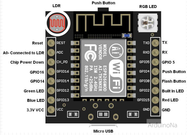 Nodemcu Witty Cloud Development Board ESP-12F พร้อมไฟ RGB และ เซนเซอร์ LDR