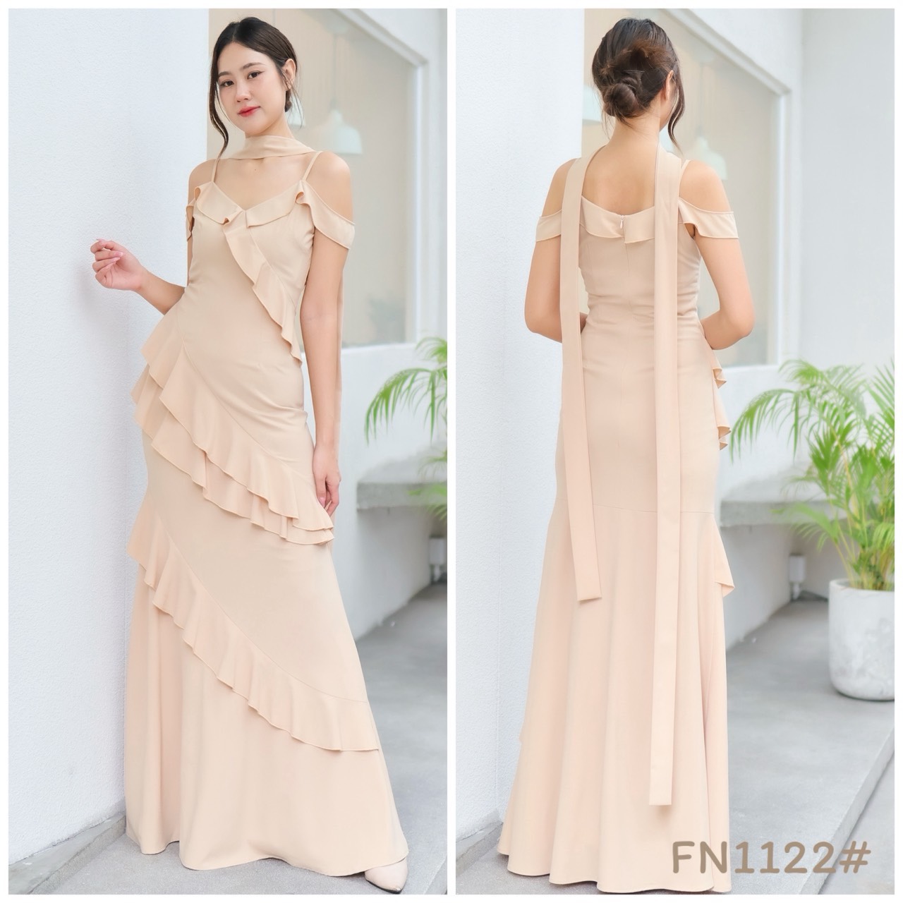 kudapy แม๊กซี่เดรสออกงาน สายเดี่ยวเปิดบ่า ระบายทั้งตัว เนื้อผ้าชีฟองหนา สวยพริ้ว