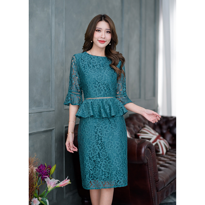 kudapy เดรสสั้นสีเขียว/สีเทา ลูกไม้ผ้านุ่มนิ่ม งานผ้าลูกไม้เนื้อหนานุ่มใส่สบาย งานผ้าลายสวยเรียบหรู